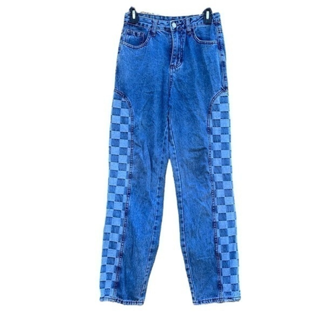 Shein side square jeans checkered loose fit straight leg size XS, blue denim